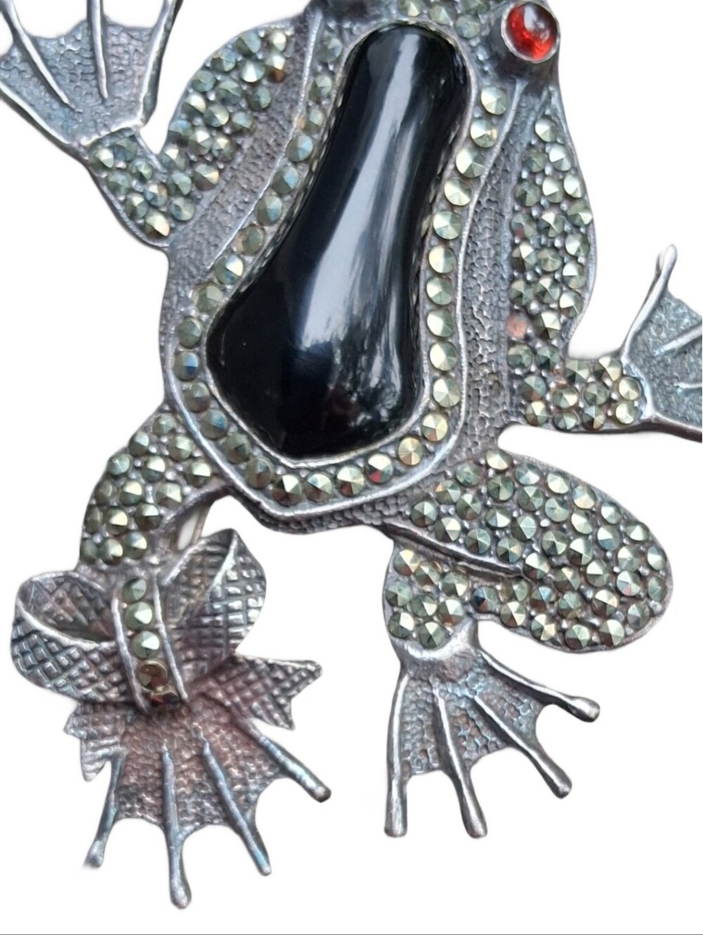 Vintage Sterling Silver Marcasite Onyx Frog Pin with Bow Accent - Picture 2 of 5